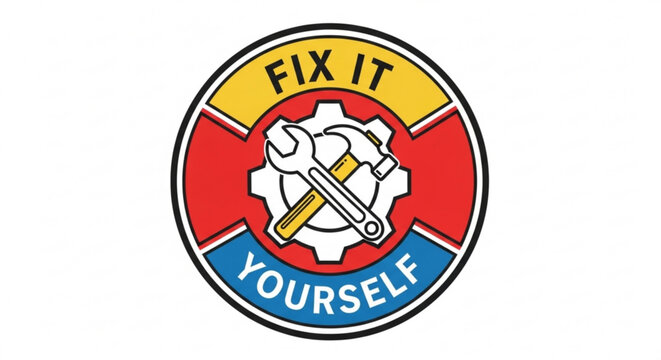 Colorful diy repair logo with wrench and gear on white background for fix it projects and self improvement