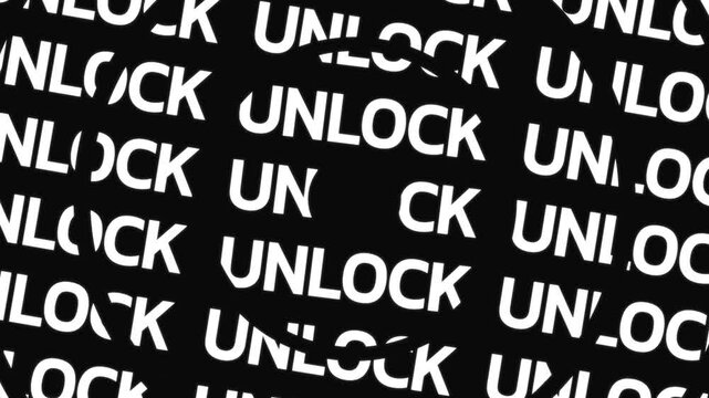 Concentric circles rotate in opposite directions displaying the word unlock repeated along circular paths surrounding a center space with continuous word movement.