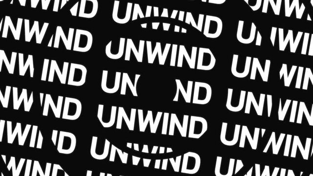 Concentric circles rotate in opposite directions displaying the word unwind repeated along circular paths surrounding a center space with continuous word movement.