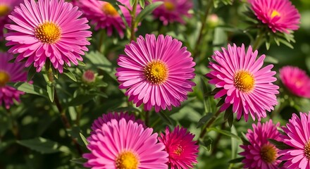 Obraz premium Bright, vibrant cluster of pink aster flowers with yellow centers, in full bloom