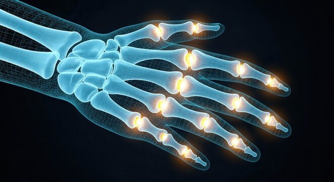 X-ray style rendering of a human hand skeleton with brightly glowing joints, illustrating joint pain or arthritis.