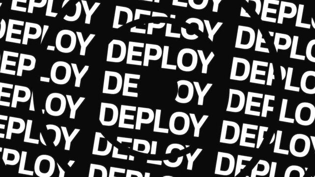 Concentric circular forms rotate in opposite directions displaying the word deploy around a center space with continuous word motion in circular typography structure.