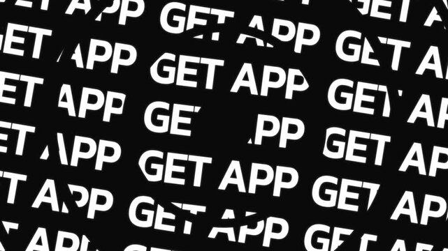 Concentric circular forms rotate in opposite directions displaying the phrase get app around a center space with continuous word motion in circular typography structure.