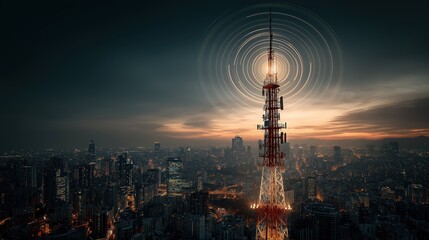 Obraz premium A towering communication antenna emits wireless signals over a cityscape at dusk, highlighting urban connectivity and advanced technology.