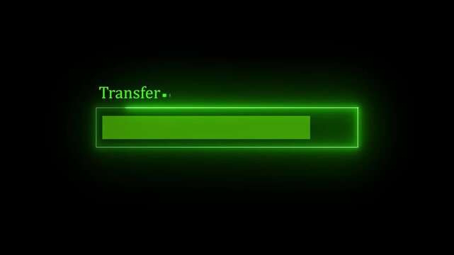 Neon green transfer progress bar at fifty percent loading animation. Neon green transfer progress concept. Neon green loading bar visual.