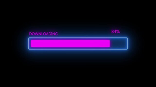 Neon-style digital download progress bar on dark background, glowing blue frame with magenta fill, text reading downloading and 49 percent complete.
