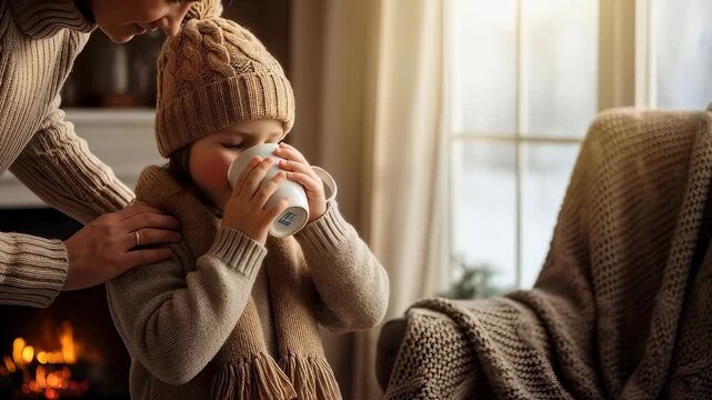 Adult helping young woman in knitted winter clothes drink warm beverage by fireplace with an outdoor window view, childhood concept, 2025 11 20T19 21 57 generation dtd4