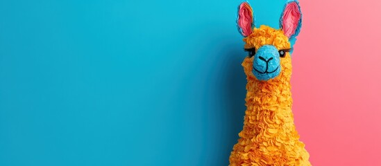 Fototapeta premium Colorful llama against blue pink backdrop. Fun, vibrant image for kids, social media