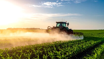 Fototapeta premium A tractor sprays a field of crops under a bright sun and blue sky. A cloud of spray rises above the plants