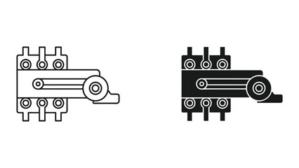 Obraz premium Mechanical component with pulley system and electrical connectors, line art and solid fill icons.