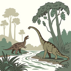 Two sauropod dinosaurs standing by a river © Shahin