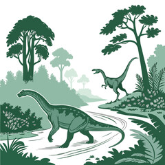 Fototapeta premium Two green dinosaurs walking through a forest