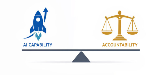 AI capability rocket vs scales of justice accountability infographic balancing innovation and regulation corporate blue and gold minimalist composition for policy briefs and governance discussions