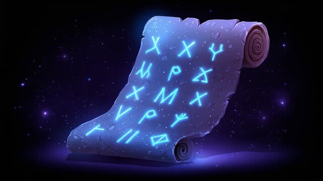 Ancient mystical scroll with glowing blue runes against a dark cosmic starry background. Fantasy magic parchment with cryptic symbols.
