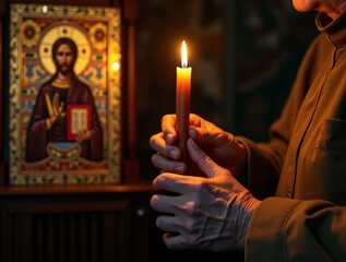 Close-up of hands holding a lit candle in front of an icon of Jesus Christ inside an Orthodox church, soft candlelight