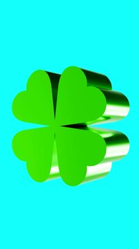 Rotating Green Metallic 3D Four Leaf Clover Shamrock Isolated on Cyan Chroma Key Background 4K 30FPS