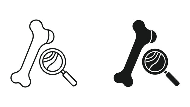 Bone and Magnifying Glass Icon Set - Medical Research, Analysis, and Investigation Concepts
