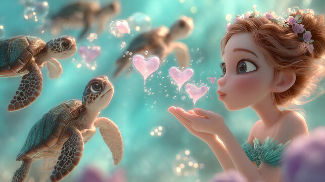 Animated girl blowing hearts to turtles in underwater scene  