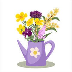 Cute wildflower bouquet in purple watering can. Hand drawn vintage botanical illustration with folk charm. Perfect for gardening themes, greeting cards, posters and packaging design. © IrinaBrusentseva