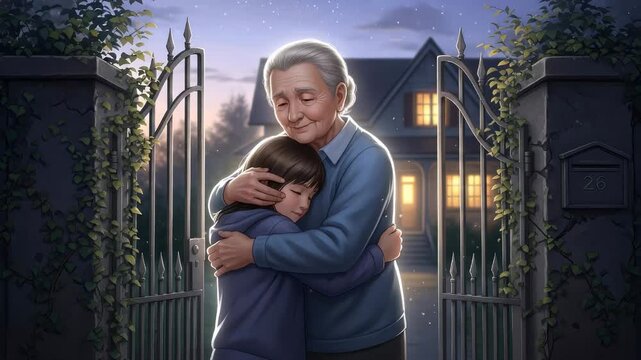 Grandmother embraces child at home gate in an emotional, generational goodbye moment for family support on 2025 11 22T04 07 14 generation