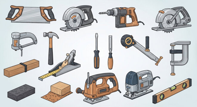 Collection of various carpentry tools and equipment for woodworking projects on a workshop table