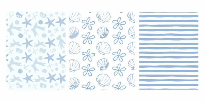 Coastal themed patterns featuring shells starfish flowers and stripes