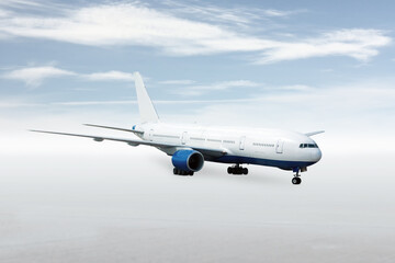 Fototapeta premium Big wide body passenger aircraft taxiing isolated on bright background with sky