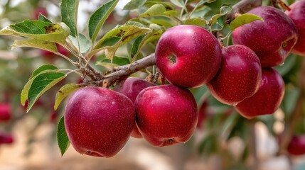 Obraz premium Cluster of ripe, red apples hanging from a tree branch