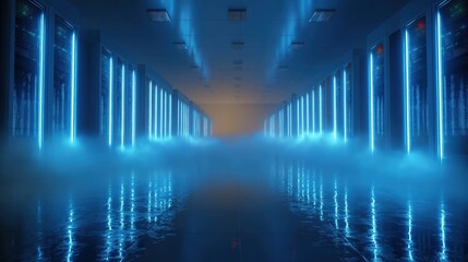 Naklejka premium A futuristic data center room with rows of illuminated server racks and blue lighting, enveloped in a misty, high-tech atmosphere.