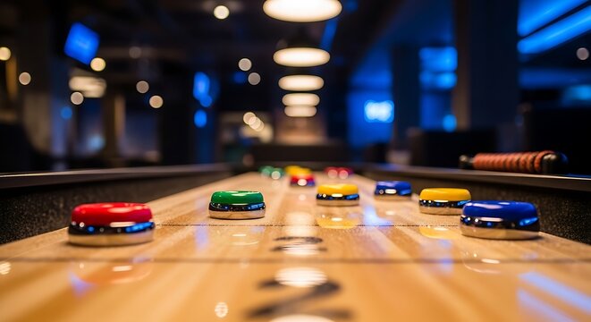 Close-up of a shuffleboard game in progress, with colorful pucks on a wooden surface