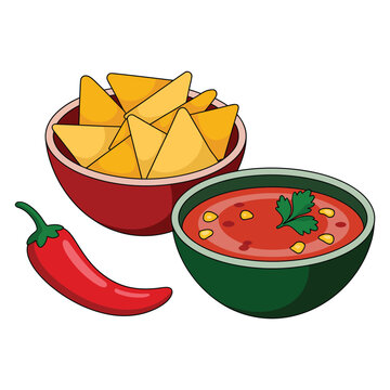Mexican nachos with salsa dip and red chili pepper vector illustration snack icon.