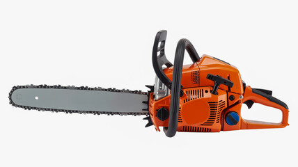 Fototapeta premium Orange chainsaw with black handle and grey blade