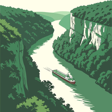 A boat sails down a river surrounded by lush green mountains