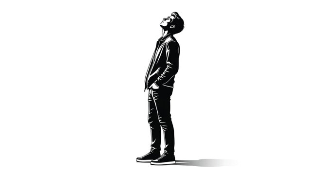 Silhouette of a man looking up isolated on white background