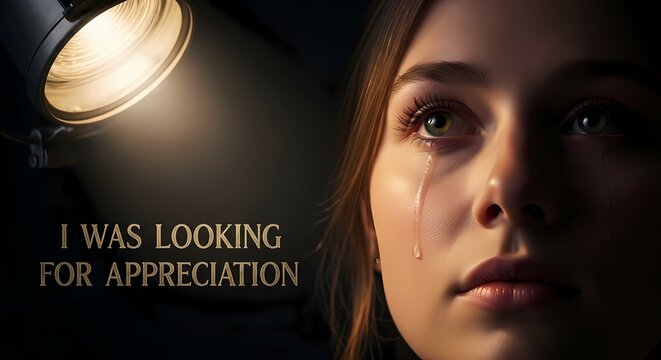 Emotional Portrait of a Crying Woman: Concept of Seeking Appreciation and Validation Under Spotlight with Dramatic Lighting