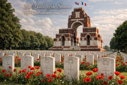 Thiepval Memorial to the Missing of the Somme with Commonwealth War Graves and poppies 110th Anniversary Battle of the Somme 1916 remembrance memorial northeastern France
