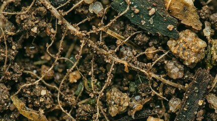 Obraz premium Closeup of intricate plant roots intertwined within rich dark soil showcasing natural growth patterns and earthy textures.
