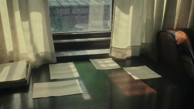 Multiple Sheets of Paper Arranged on a Windowsill with Curtains.