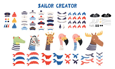 Fototapeta premium Cute sailor character creator, isolated illustration set. Crocodile, zebra, giraffe, flamingo, moose animals. Nautical clothes, accessory. Kid design element, clip art collection. Hand drawn vector