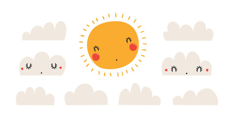 Obraz premium Sun, clouds with kawaii face isolated illustration set. Cute cartoon character. Weather design element, climate, forecast. Kids print, clip art collection. Hand drawn flat vector on white background.