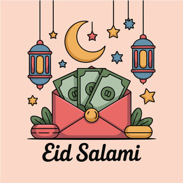 Eid salami gift envelope with money cash in flat cartoon style for ramadan holiday