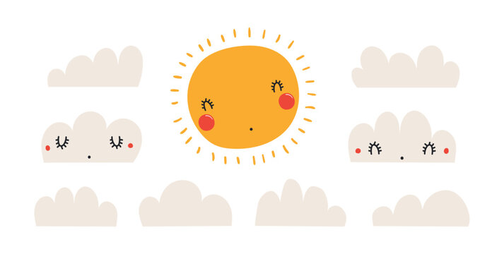 Sun, clouds with kawaii face isolated illustration set. Cute cartoon character. Weather design element, climate, forecast. Kids print, clip art collection. Hand drawn flat vector on white background.