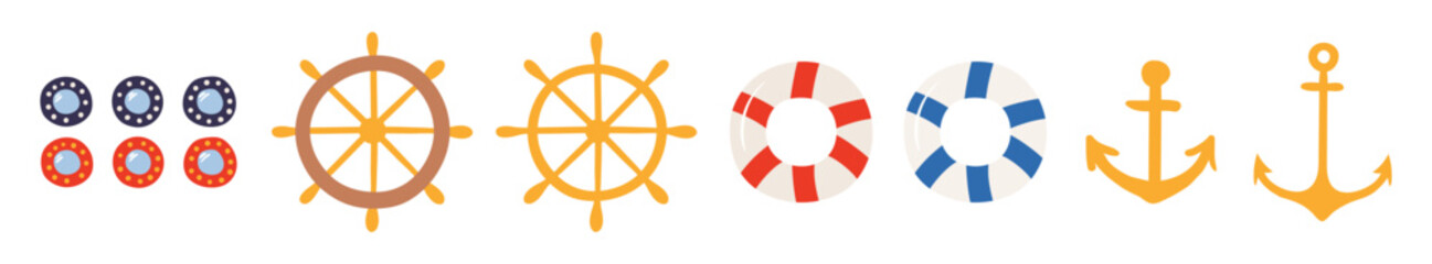 Ship wheel, anchor, porthole, lifebuoy, illustration isolated set. Part of ship, boat, yacht. Kids nautical print, design element, clip art collection. Hand drawn flat vector on white background © Maria Skrigan