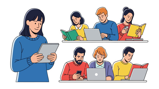 Focused Study: Individuals immersed in learning, captured in the act of reading books or engaging with technology, illustrating the pursuit of knowledge.