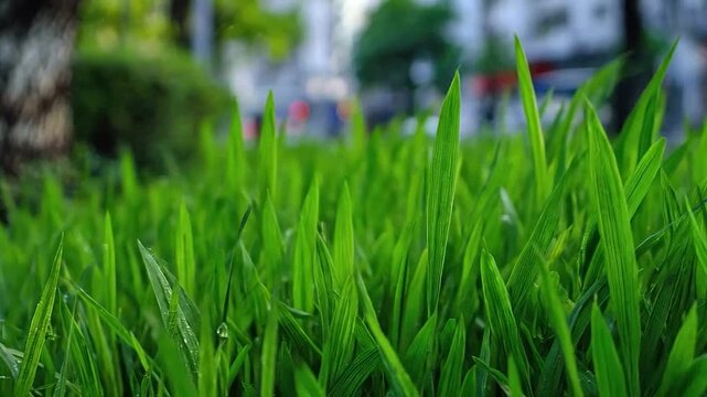 Vibrant green grass blades thrive in a lush outdoor environment with a soft