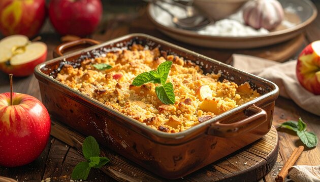 Apple crumble Scottish style rustic baking dish