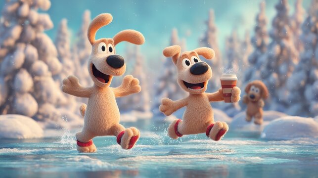 clumsy puppy with floppy ears sliding across an icy pond wearing red socks