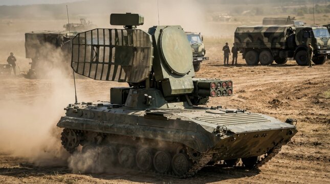 Russian PantsirS1 antiaircraft missile and gun system in action.