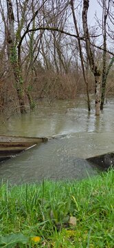 The water rushes forward with strength between the bare riverbanks, guided by a wooden structure resisting its energy.