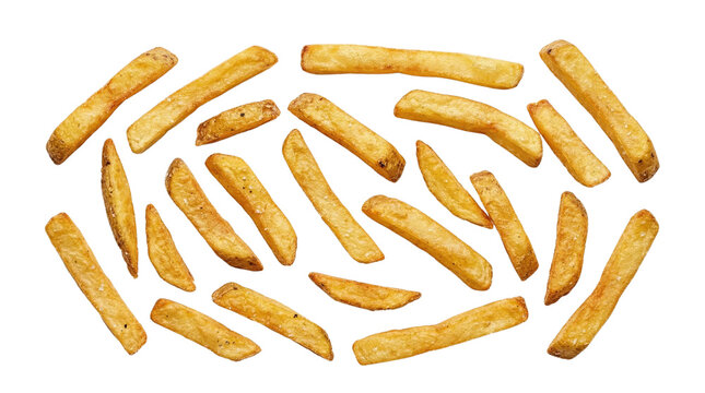 Golden crispy french fries scattered and isolated on a pure white background, highlighting their delicious texture and savory appeal as a classic potato snack